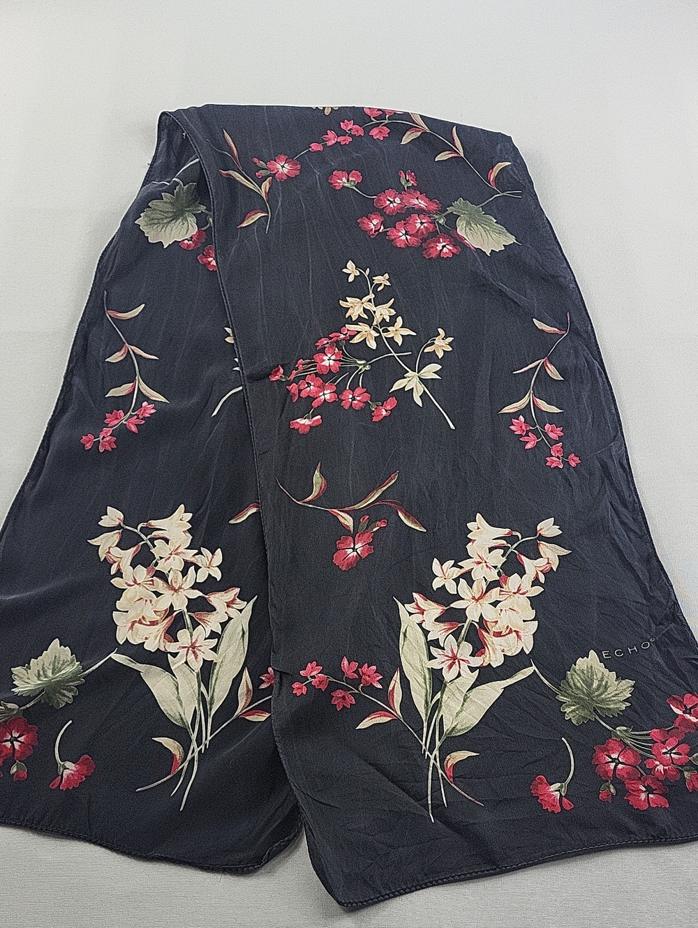 Vintage Echo Floral Silk Scarf Black 11"x51"